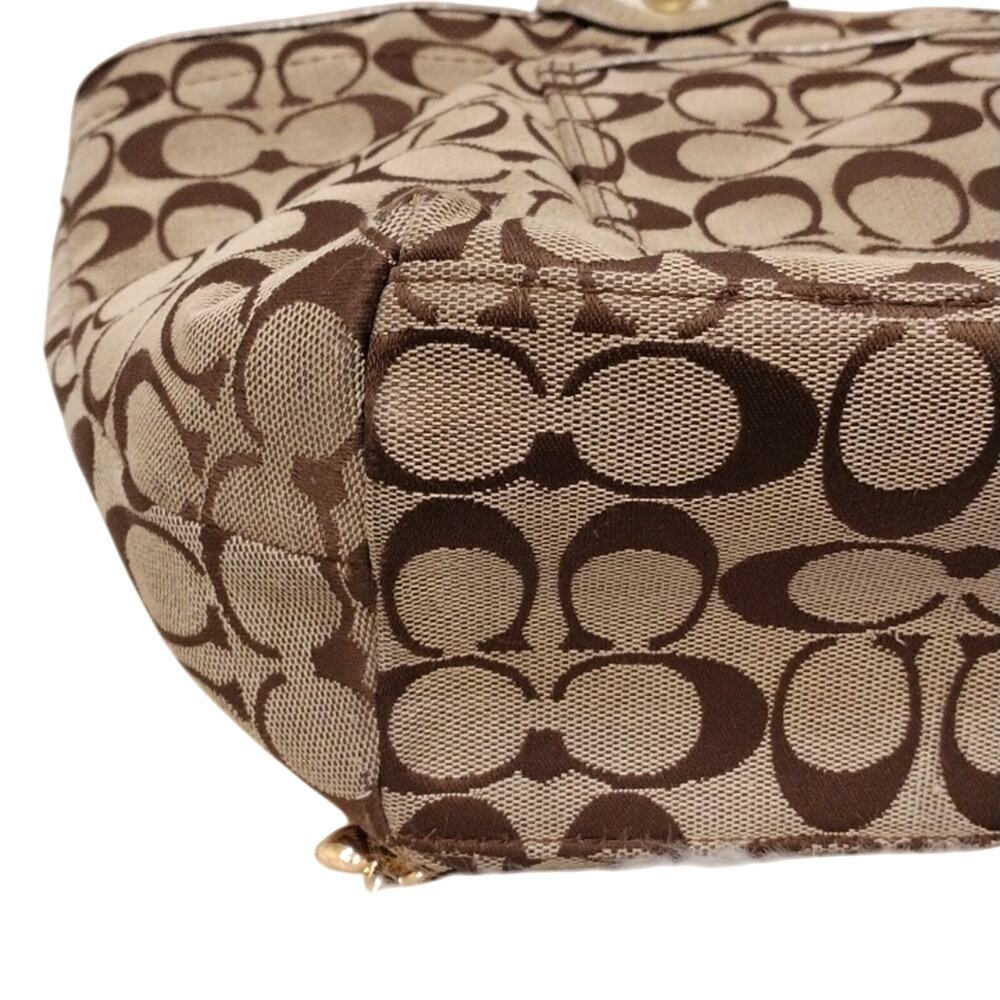 COACH Monogram Canvas Shoulder Bag Purse Large 16x9 GOLD Leather Flowers Handles - Picture 14 of 16